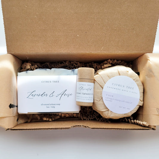 Valentine's day self care basket with handmade soap, lotion bar & lip butter